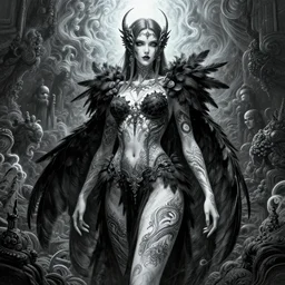 goddess of death with full body tattoos and black feather armor, ultrafine hyperdetailed illustration by kim jung gi, irakli nadar, intricate linework, final fantasy, unreal engine 5, global illumination, radiant light, detailed and intricate environment, ross tran, peter mohrbacher, tom whalen, underwater psychedelic smoke