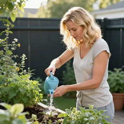 a blonde woman with medium wavy hair watering plants in the morning, summer, terrace, black fences, beautiful, volumetric lighting, detailed, delicate, by emmanuel shiu