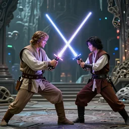 [old obi wan kenobi] fights [young obi wan kenobi] in a lightsaber-duel, alien landscape in the background