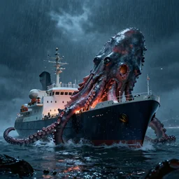 one single ship gets eaten by giant kraken, tentacle, rainy night, dramatic lighting, cinematic, establishing shot, extremly high detail, foto realistic, cinematic lighting, post processed, concept art, artstation, matte painting