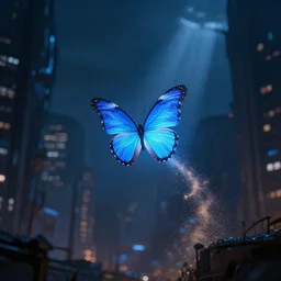a glowing blue butterfly, in the middle of a dystopian city, leaving a trail of glowing dust behind it, cinematic shot, cinematic lighting, ray tracing, vray, god rays, midnight light, 8k