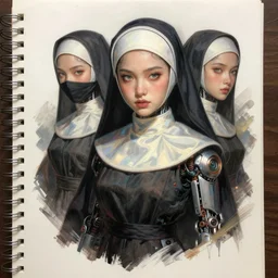 asset sheet, material study, ( chibi caricature ) ninja nuns by mark ryden surreal geiger biomechanical