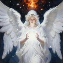 highdetailed hyperrealistic of white angel in the hood!!! giant ball of miracle light from the chest!!!!!, white sparkles everywhere, lot of fire and stars overhead!!!, 8 k face details, by jan van eyck, holography space, glow effect, large strokes, clean lines, monocolors, only 2 colors!!!!, oil painting