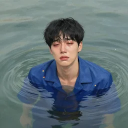 harmony blue jacket, tiny rainbow triangles, black haired yoongi, crying, above water, ripples, by wlop, james jean, victo ngai, muted colors, highly detailed, fantasy art by craig mullins, thomas kinkade