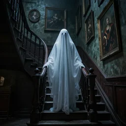 ghostly figure, inside the most haunted house in the world, staircase, paintings on the wall