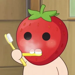 a cute strawberry with two front teeth, holding a yellow toothbrush, in the style of shinji aramaki