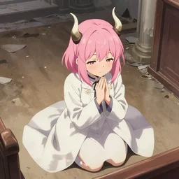 cute japanese girl with small horns, with short pink hair, dressed in an old white coat, praying on the floor of a destroyed church, with an elegant smile, view from above, detailed artwork by Yoji Shinkawa