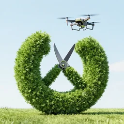 photo of a drone with hedge shears making a sculpture out of a hedge. high quality 4 k