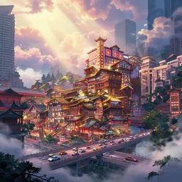 cyberpunk city scene in chongqing, china, traffic flow, chinese style, art by moebius, artstation trending, gorgeous clouds, god rays, fantasy art, octane render, ureal engine, japanese animation, mist, hyperdetailed, animation, by lownine.