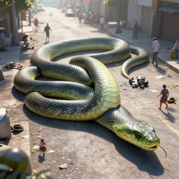 Enormous serpent slithering in the streets, chaos, 4K, HD, Octane Render, digital art, trending on ArtStation