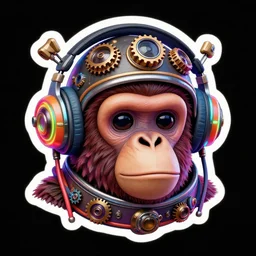 sticker art of a realistic cute ape head with a steampunk space helmet with multicolored glowing headphones and gears and cables, crisp, trippy, fluorescent colors, insanely detailed, 3 d render, front shot, 3 5 mm