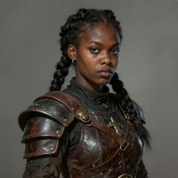 portrait painting of round - faced black badass young woman rogue with a braided ponytail wearing old leather armor, ultra realistic, concept art, intricate details, eerie, highly detailed, photorealistic, octane render, 8 k, unreal engine. art by artgerm and greg rutkowski and charlie bowater and magali villeneuve and alphonse mucha
