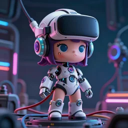 Full body shot of a Cute cyborg girl with VR helmet , surrounded by cables , illustrated by Greg Rutkowski and H.R. Giger, 35mm lens, beautiful macro close-up imagery, vibrantly lush neon lighting, beautiful volumetric-lighting-style atmosphere, a dark future atmosphere, intricate, ultra detailed, photorealistic imagery, trending on artstation, 4k, 8k