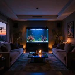 a very dark dreamy luxury maximalist living room, saltwater aquarium with beautiful tropical fish, candlelight, sunset glow, dark shadows symmetrical wide shot low angle