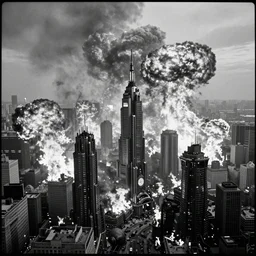 steampunk city skyline engulfed in flames, huge explosions everywhere, bird's eye view, wide shot, cinematic, 1 3 5 film, black and white photograph