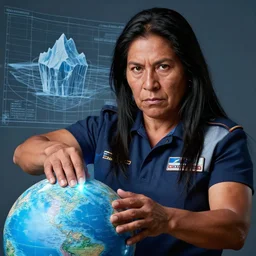 epic portrait of slightly muscular indigenous visionary sheila wattcloutier serious wearing instructor uniform laser pointing on globe, blueprint iceberg, detailed, artstation, concept art, donato giancola, joseph christian leyendecker, wlop, boris vallejo, dark eyes, highest resolution, extremely detailed beautiful, establishing shot, artistic, hypet realistic, beautiful face, enhanced hands, octane render