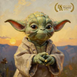 Painting of Yoda. Art by william adolphe bouguereau. During golden hour. Extremely detailed. Beautiful. 4K. Award winning.