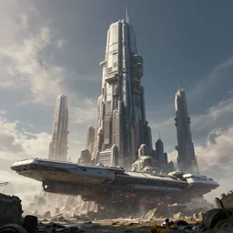 cinematic scifi render of a 3 d sculpt of a gigantic huge cyberpunk john harris aircraft carrier megalithic tower structure city, beeple, halo, star wars, ilm, star citizen, halo, mass effect, high tech industrial, artstation unreal, dramatic powerful sky