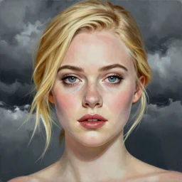 professional painting of Elle Fanning in the style of Tim Okamura, head and shoulders portrait, symmetrical facial features, smooth, sharp focus, illustration, intricate, stormy weather, extremely detailed masterpiece,