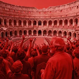 only with red, red crowd of people cheering, an exposed red picture in a roman theater is trying to be sold by an old red man, in the style of edward hopper, parts by beksinski, parts by goro fujita, parts by yue minjun, intricate composition by beeple, red by caravaggio, highly quality, highly detailed, masterpiece, red light,