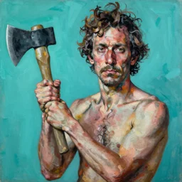 high quality high detail painting by lucian freud and jenny saville, hd, crazy man with an axe, turquoise