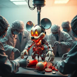 a cybertronic mickey mouse being dissected by a group of scientists, octane render, beeple, cgstation, 3 d render, very detailed, mindblowing