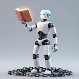 the humanoid robot is holding a glowing book up in the air. the robot is standing on a pile of chains.