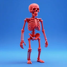 a red skeleton in the style of 3d render in vaporwave in a blue background using