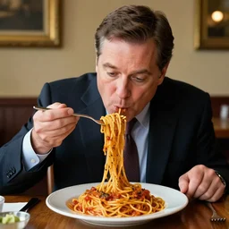 governor ratcliffe from pocahontas ( 1 9 9 5 ) eating a large portion of spaghetti bolognese