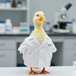 a duck wearing a labcoat, a lab in the background