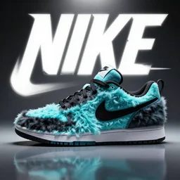 poster nike shoe made of very fluffy cyan and black faux fur placed on reflective surface, professional advertising, overhead lighting, heavy detail, realistic by nate vanhook, mark miner