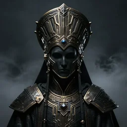 a dark sci fi matte painting portrait of a shadow priest wearing a massive ornate headdress made of realistic metal and sci fi armor, hard surface character, art deco, cinematic lighting, smooth, dark sci fi, unreal engine, octane render, by vitaly bulgarov, golden rule, subject in center of frame, fog volumes, cgsociety, sleek color scheme