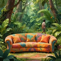 psychedelic trippy couch in jungle, forest, out of moment, casual walk, montgomery field, music school, jazz enthusiasts