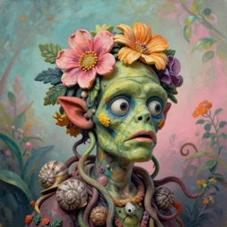 headshot of a trickster nature zombie, head made of fruit and flowers in the style of arcimboldo, fragonard, covered with tendrils and snail shells, oil painting, ethereal, volumetric lighting, action figure, clay sculpture, claymation, turquoise pink and orange, botanical rainbow backdrop