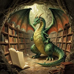 dragon in under ground library, by jesper ejsing, by greg rutkowski
