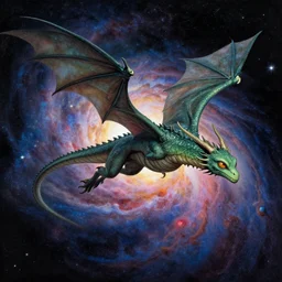 an alien dragon flying through outer space, epic nebula, style of jean giraud moebius matte illustration