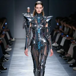 a model walks down the runway at a fashion show, cyberpunk art by thierry mugler, trending on tumblr, retrofuturism, circuitry, futuristic, sci - fi