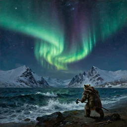 dim northern lights under a dark but star-spangled sky, galaxy center remotely visible, roaring ocean in front, towering snowcovered mountains in background, with a bearskin clad viking with an axe, coming ashore, oil on canvas by a 15th century painter, volumetric cinematic light, wide shot