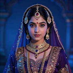 portrait of a cute indian girl wearing intricate indian accessories and clothes by ilya kuvshinov and anna dittmann and studio ghibli and wlop and rossdraws, digital art, blue lighting, trending on artstation, anime arts, featured on pixiv, blue lighting, hd, 8 k, highly detailed, good lighting, beautiful, epic, masterpiece