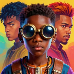 colourful vfx upper half - portrait - art of a nigerian boy wearing steam punk goggles, art by katsuhiro otomo & james jean, digital render, digital illustration, concept art, caricature, volumetric light, ray tracing, symmetrical, unreal engine, octane 3 d render, sharp, detailed, intricate detail, pinterest, behance, art station,