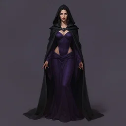 Fantasy portrait, Necromancer, female, beautiful face, dark garments, dark pruple robes, midriff, Black cloak from neck to ankles, pin-up, matte painting, by Frank Franzzeta, artstation