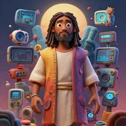 stylish 3 d vfx - drew struzan movie poster - art of an african jesus surrounded by technology, art style by james jean & hsiao - ron cheng, unreal engine render, digital illustration, sharp, intricate detail, volumetric lighting, ray tracing, soft light, colourful, claymation style, ernie barnes style, symmetry, pinterest, artstation, behance