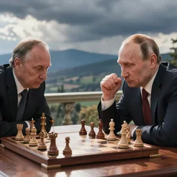 macron playing chess with putin, sharp focus, stolen footage