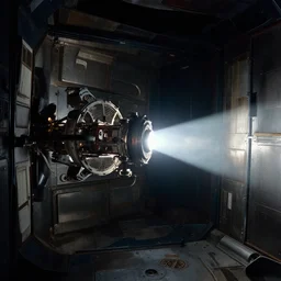 teleportation machine in a space station, light shining from the machine and illuminating the metal surfaces by edmund leighton
