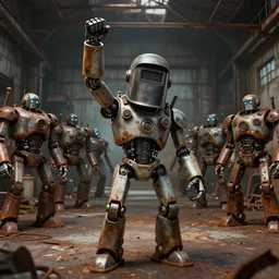 a realistic crazy robot wearing a welding helmet, welding helmet head, one fist raised high in triumph, raised fist, standing in front of an army of robots inside a huge rusty dingy warehouse, highly detailed army of robots, raygun gothic, atomic punk, digital art, detailed render