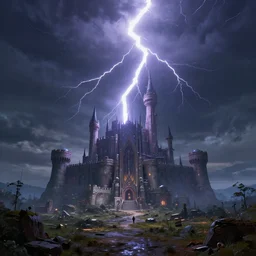 Landscape with GIANT lightning bolt striking a futuristic castle, center composition, cinematic, rendered by simon stålenhag, rendered by Beeple, Makoto Shinkai, syd meade, environment concept, digital art, starwars, unreal engine, 3 point perspective, WLOP, trending on artstation, low level, 4K UHD image, octane render,
