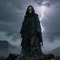 dark figure with tattered cloak with skull instead of head on a mountain in gloomy fog, atmospheric lightning