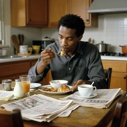 benjamin netayahu eating breakfast in his kitchen, newspapers on the table and counter, by norman rockwell