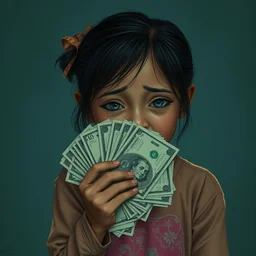 sad filipino girl holding money, by simon stalenhag and rj palmer, anato finnstark