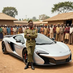High-quality photography of an African dictator dressed as a general posing next to his McLaren 650S in an African village and surrounded by curious villagers